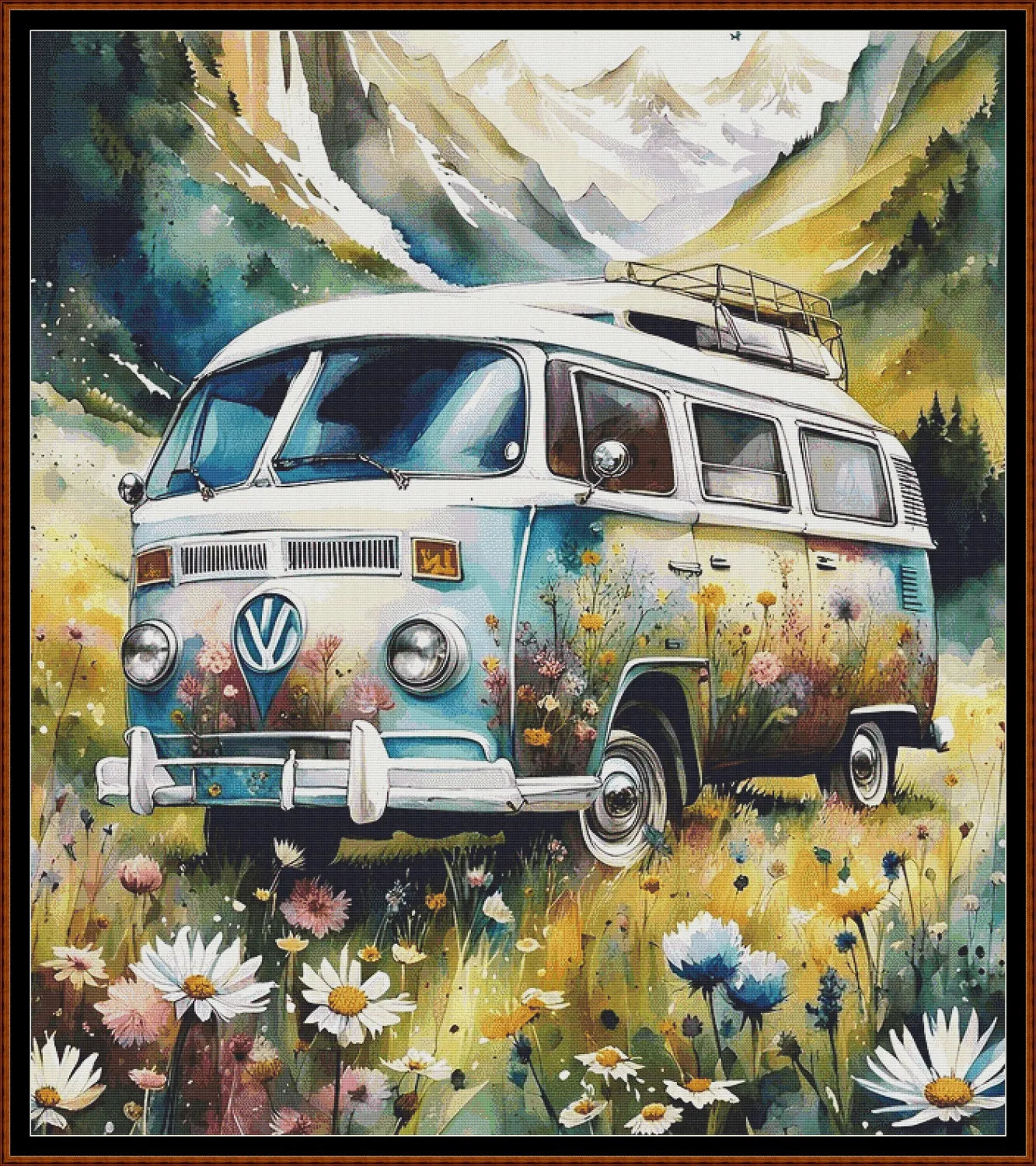 Expertly created from art by Nanne Tiggelman, under Public Domain CC0 license, Flower Power patterns. Flower Power is a Volkswagen pattern that comes as a full coverage pattern with no back-stitching. Additionally, Flower Power is available in 2 different design sizes - cross stitch regular & XL And each sale includes both B&W and colour charts