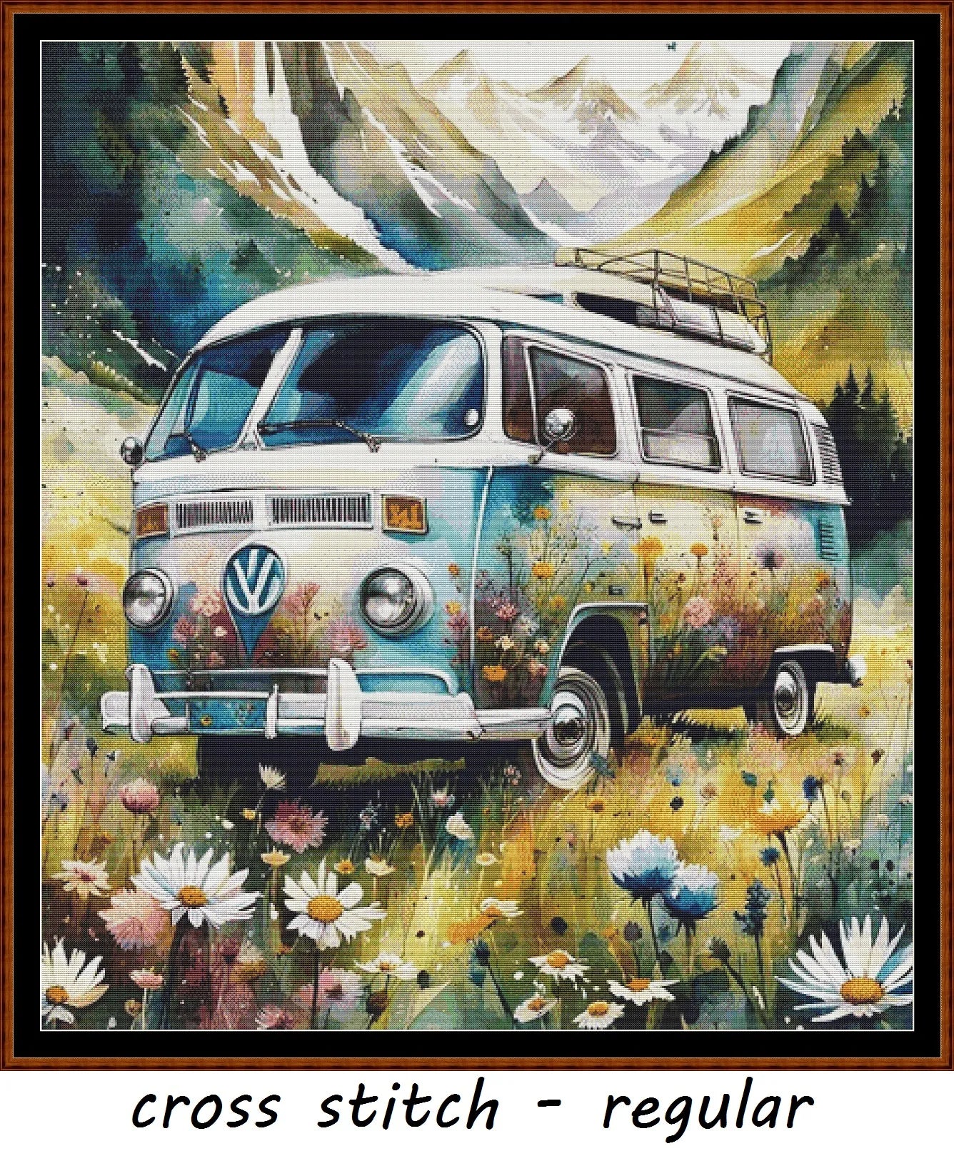 Expertly created from art by Nanne Tiggelman, under Public Domain CC0 license, Flower Power patterns. Flower Power is a Volkswagen pattern that comes as a full coverage pattern with no back-stitching. Additionally, Flower Power is available in 2 different design sizes - cross stitch regular & XL And each sale includes both B&W and colour charts