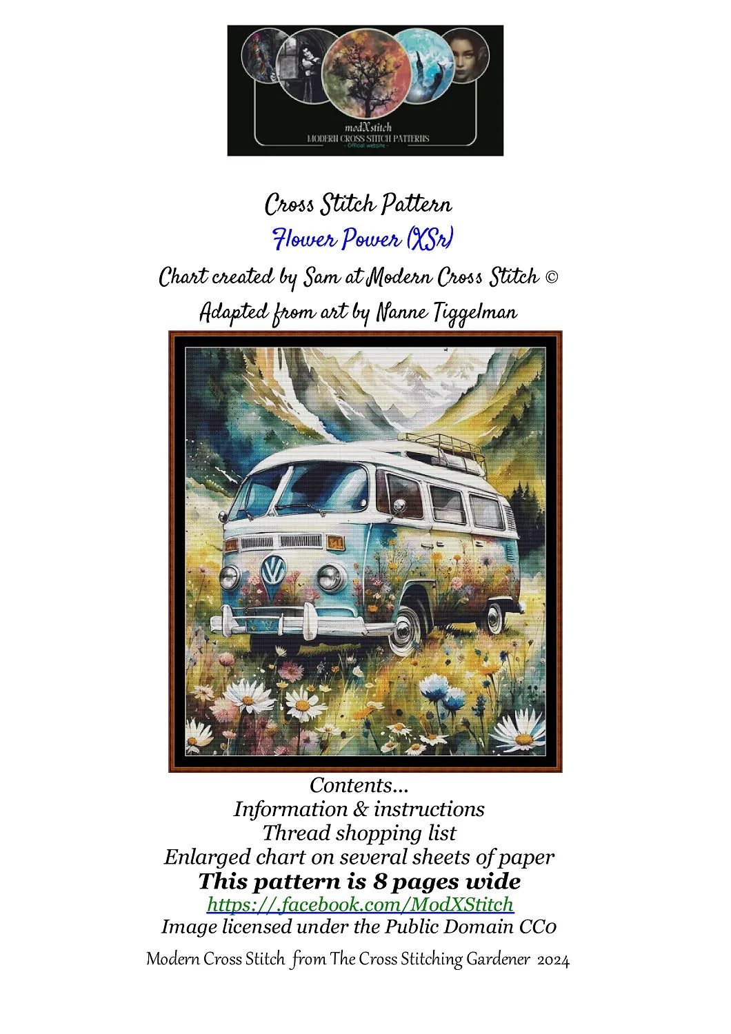 Expertly created from art by Nanne Tiggelman, under Public Domain CC0 license, Flower Power patterns. Flower Power is a Volkswagen pattern that comes as a full coverage pattern with no back-stitching. Additionally, Flower Power is available in 2 different design sizes - cross stitch regular & XL And each sale includes both B&W and colour charts