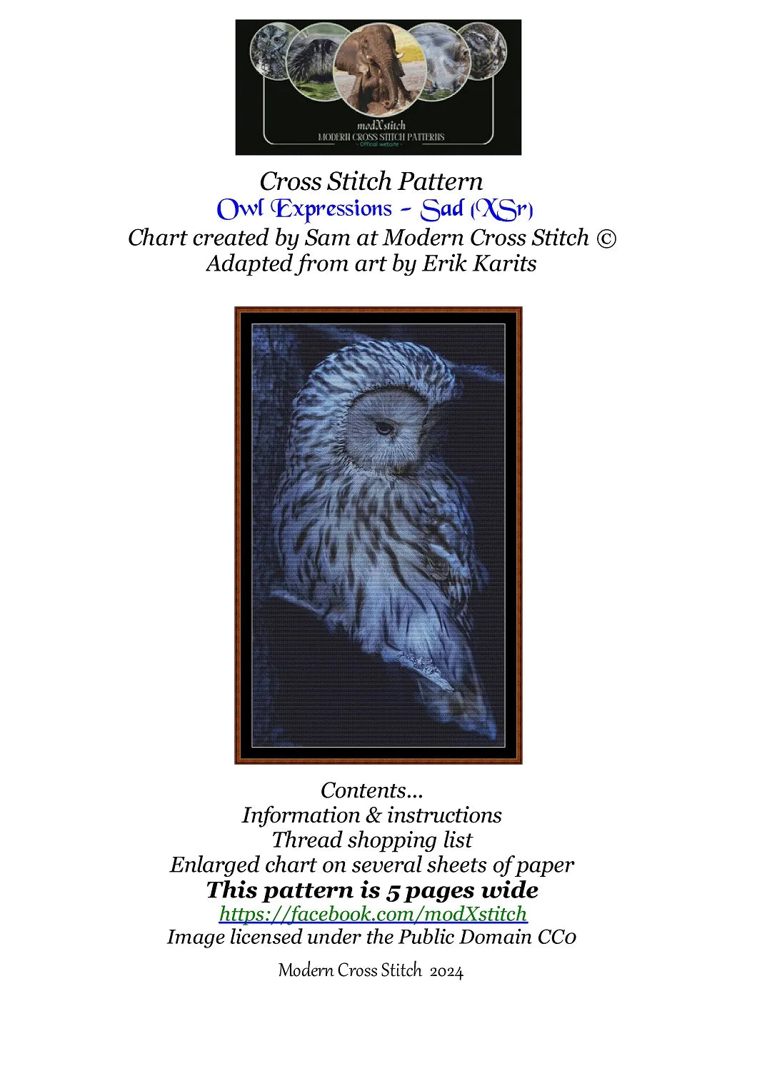 Expertly created from art by Erik Karits, under Public Domain CC0 license, Owl Expressions - Sad patterns. Owl Expressions - Sad is a rather blue owl pattern that comes as a full coverage pattern with no back-stitching. Additionally, Owl Expressions - Sad is available in 2 different design sizes - cross stitch regular & XL And each sale includes both B&W and colour charts