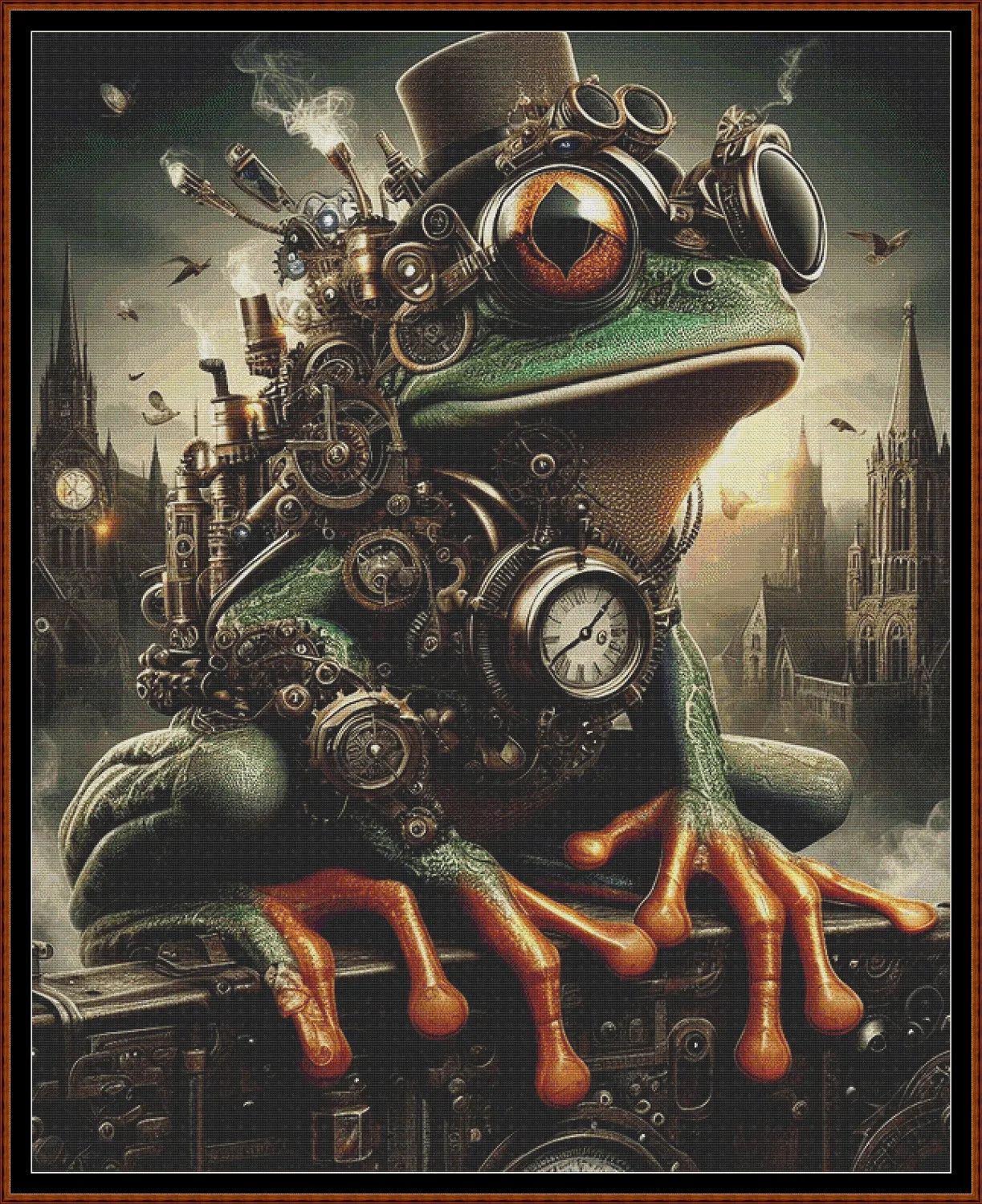 Expertly created from art by Lisa Yount, under Public Domain CC0 license, Steampunk Frog patterns. Steampunk Frog is a fantasy amphibian pattern that comes as a full coverage pattern with no back-stitching. Additionally, Steampunk Frog is available in 2 different design sizes - cross stitch regular & XL And each sale includes both B&W and colour charts