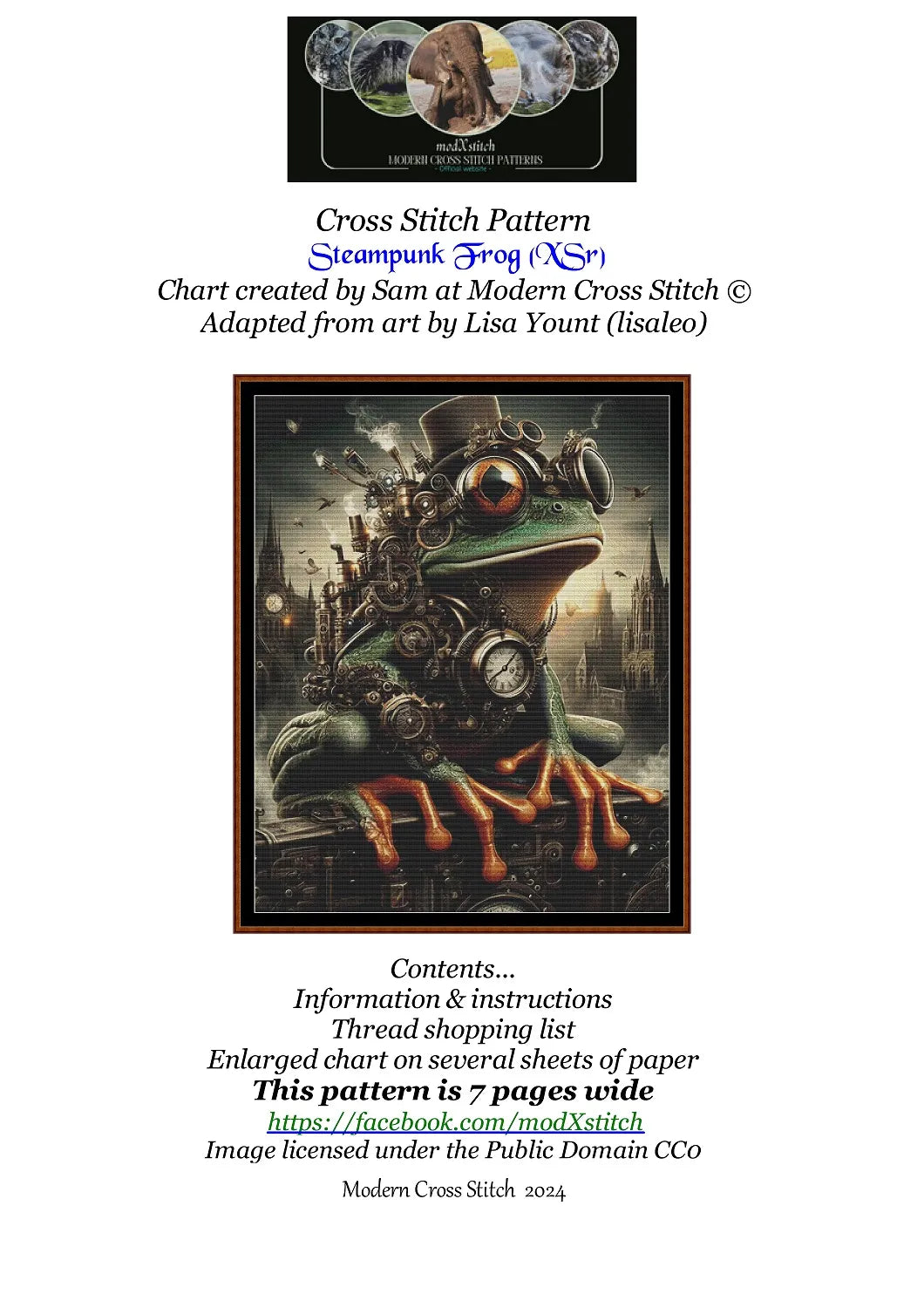 Expertly created from art by Lisa Yount, under Public Domain CC0 license, Steampunk Frog patterns. Steampunk Frog is a fantasy amphibian pattern that comes as a full coverage pattern with no back-stitching. Additionally, Steampunk Frog is available in 2 different design sizes - cross stitch regular & XL And each sale includes both B&W and colour charts