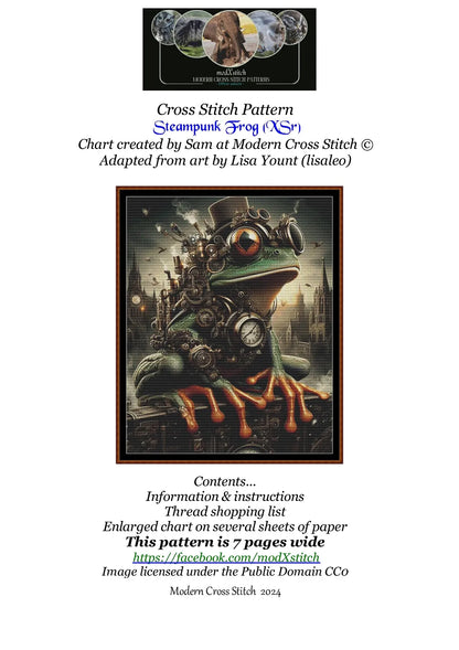 Expertly created from art by Lisa Yount, under Public Domain CC0 license, Steampunk Frog patterns. Steampunk Frog is a fantasy amphibian pattern that comes as a full coverage pattern with no back-stitching. Additionally, Steampunk Frog is available in 2 different design sizes - cross stitch regular & XL And each sale includes both B&W and colour charts