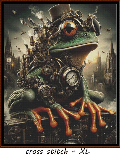 Expertly created from art by Lisa Yount, under Public Domain CC0 license, Steampunk Frog patterns. Steampunk Frog is a fantasy amphibian pattern that comes as a full coverage pattern with no back-stitching. Additionally, Steampunk Frog is available in 2 different design sizes - cross stitch regular & XL And each sale includes both B&W and colour charts