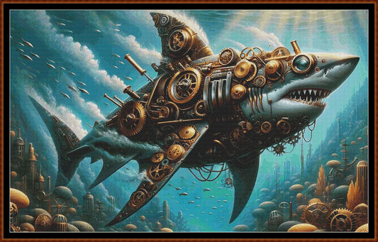 Expertly created from art by Lisa Yount, under Public Domain CC0 license, Steampunk Shark patterns. Steampunk Shark is a fantasy aquatic pattern that comes as a full coverage pattern with no back-stitching. Additionally, Steampunk Shark is available in 2 different design sizes - cross stitch regular & XL And each sale includes both B&W and colour charts