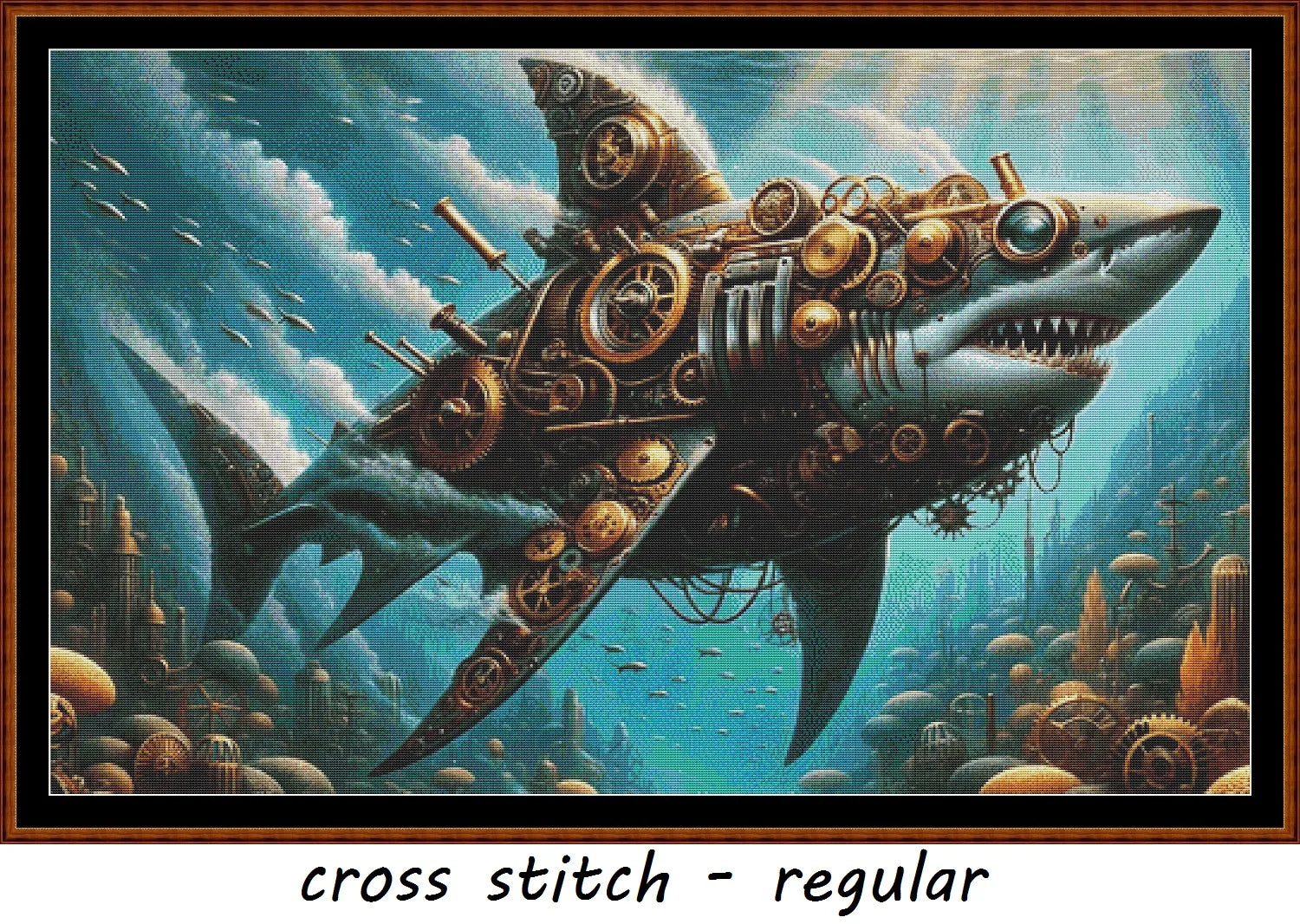 Expertly created from art by Lisa Yount, under Public Domain CC0 license, Steampunk Shark patterns. Steampunk Shark is a fantasy aquatic pattern that comes as a full coverage pattern with no back-stitching. Additionally, Steampunk Shark is available in 2 different design sizes - cross stitch regular & XL And each sale includes both B&W and colour charts