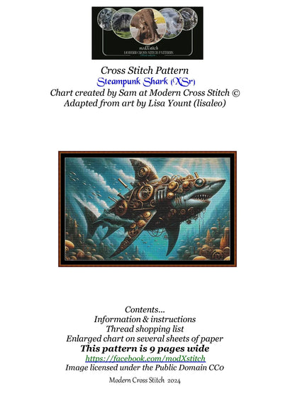 Expertly created from art by Lisa Yount, under Public Domain CC0 license, Steampunk Shark patterns. Steampunk Shark is a fantasy aquatic pattern that comes as a full coverage pattern with no back-stitching. Additionally, Steampunk Shark is available in 2 different design sizes - cross stitch regular & XL And each sale includes both B&W and colour charts