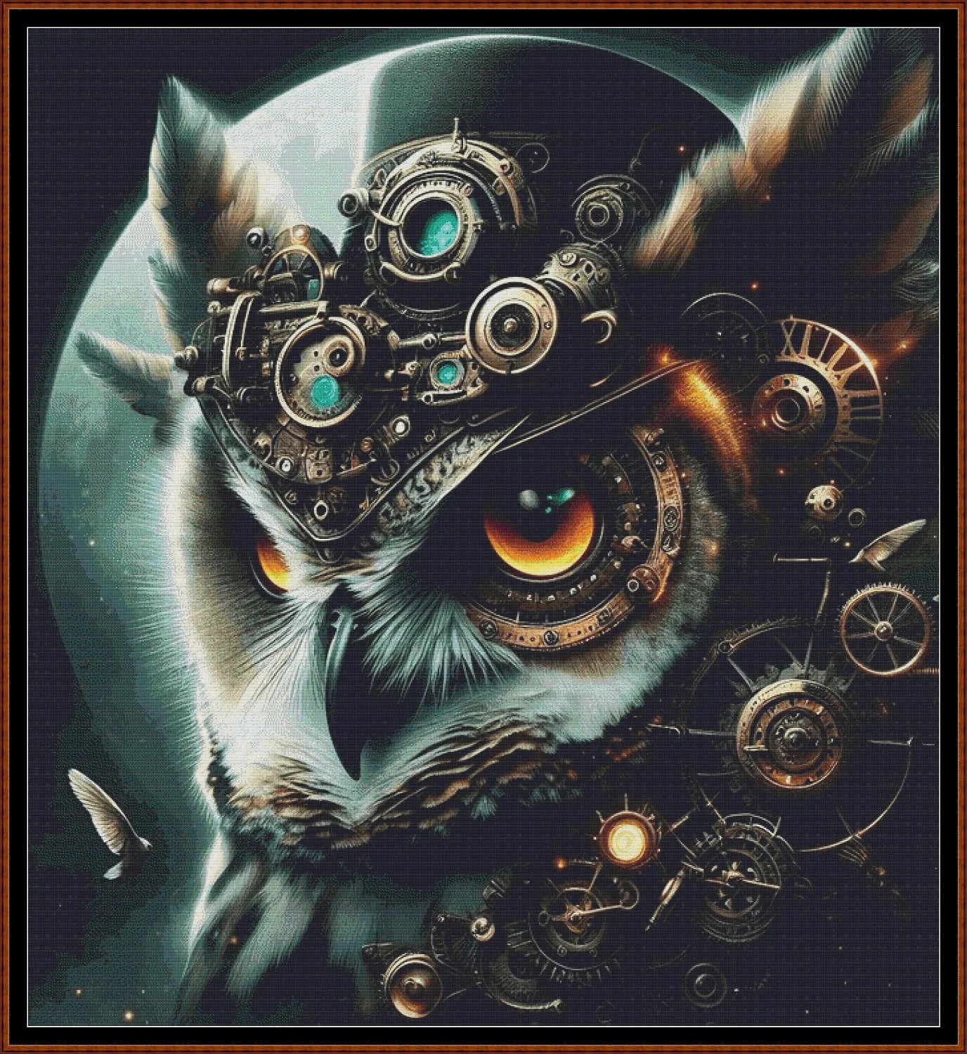 Expertly created from art by Asayuki, under Public Domain CC0 license, Steampunk Hibou patterns. Steampunk Hibou is an owl pattern that comes as a full coverage pattern with no back-stitching.