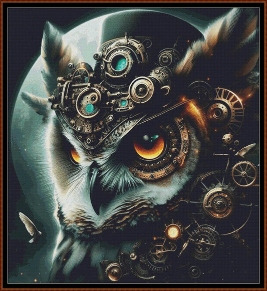 Expertly created from art by Asayuki, under Public Domain CC0 license, Steampunk Hibou patterns. Steampunk Hibou is an owl pattern that comes as a full coverage pattern with no back-stitching.