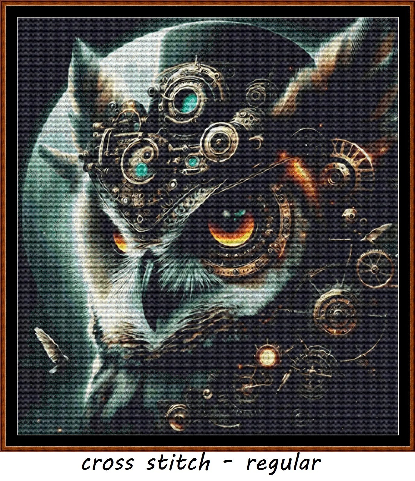 Expertly created from art by Asayuki, under Public Domain CC0 license, Steampunk Hibou patterns. Steampunk Hibou is an owl pattern that comes as a full coverage pattern with no back-stitching.