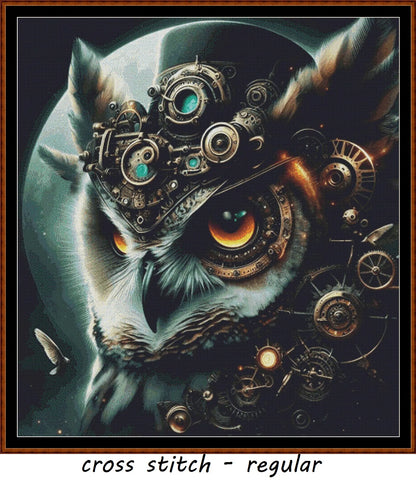 Expertly created from art by Asayuki, under Public Domain CC0 license, Steampunk Hibou patterns. Steampunk Hibou is an owl pattern that comes as a full coverage pattern with no back-stitching.