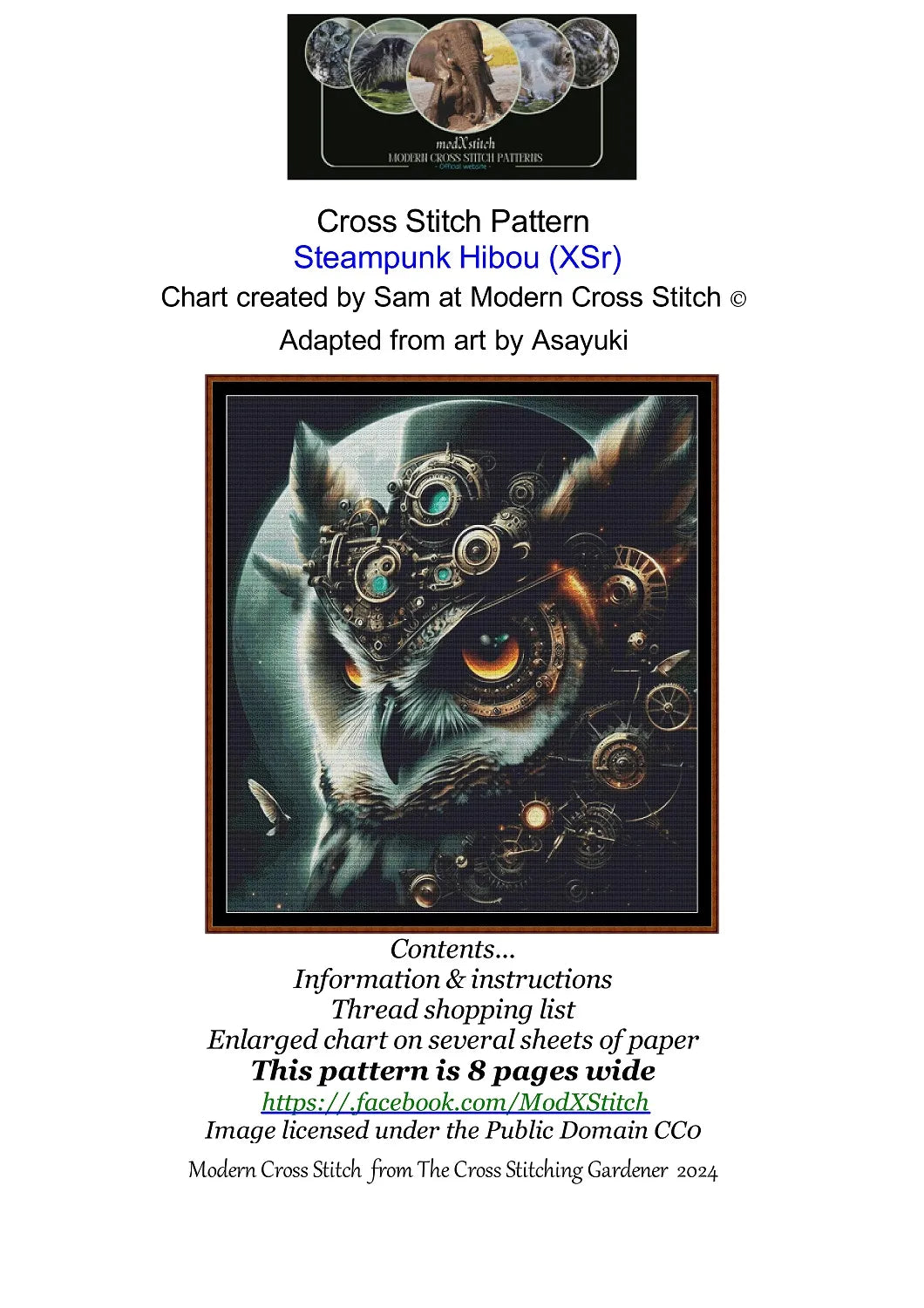 Expertly created from art by Asayuki, under Public Domain CC0 license, Steampunk Hibou patterns. Steampunk Hibou is an owl pattern that comes as a full coverage pattern with no back-stitching.