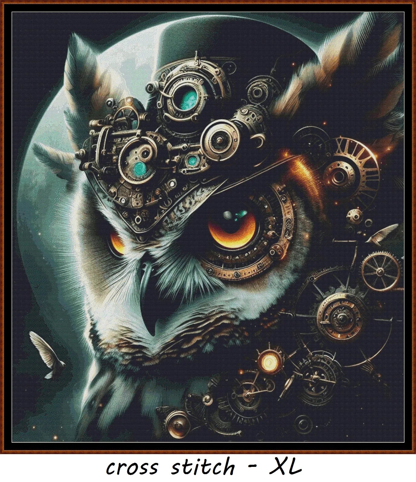 Expertly created from art by Asayuki, under Public Domain CC0 license, Steampunk Hibou patterns. Steampunk Hibou is an owl pattern that comes as a full coverage pattern with no back-stitching.