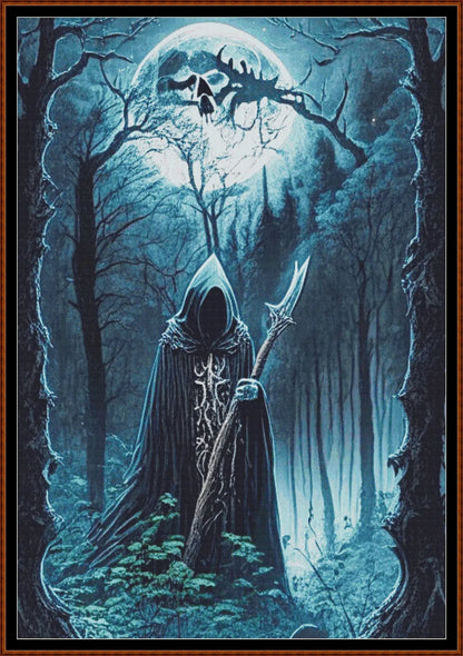 Expertly created from art by Marcia Figg, under Public Domain CC0 license, Forest Moon - Blue  patterns. Forest Moon - Blue is a dark fantasy cross stitch pattern that comes as a full coverage pattern with no back-stitching. Additionally, Forest Moon - Blue is available in 2 different design sizes - cross stitch regular & XL And each sale includes both B&W and colour charts
