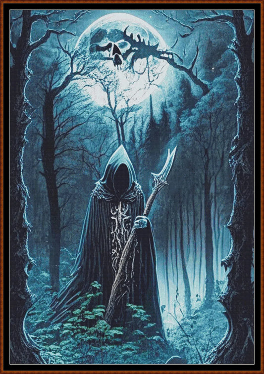 Expertly created from art by Marcia Figg, under Public Domain CC0 license, Forest Moon - Blue  patterns. Forest Moon - Blue is a dark fantasy cross stitch pattern that comes as a full coverage pattern with no back-stitching. Additionally, Forest Moon - Blue is available in 2 different design sizes - cross stitch regular & XL And each sale includes both B&W and colour charts