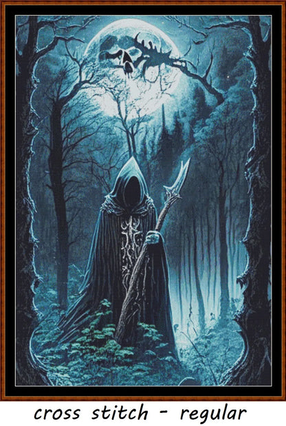Expertly created from art by Marcia Figg, under Public Domain CC0 license, Forest Moon - Blue  patterns. Forest Moon - Blue is a dark fantasy cross stitch pattern that comes as a full coverage pattern with no back-stitching. Additionally, Forest Moon - Blue is available in 2 different design sizes - cross stitch regular & XL And each sale includes both B&W and colour charts