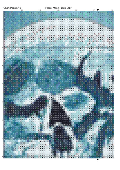 Expertly created from art by Marcia Figg, under Public Domain CC0 license, Forest Moon - Blue  patterns. Forest Moon - Blue is a dark fantasy cross stitch pattern that comes as a full coverage pattern with no back-stitching. Additionally, Forest Moon - Blue is available in 2 different design sizes - cross stitch regular & XL And each sale includes both B&W and colour charts