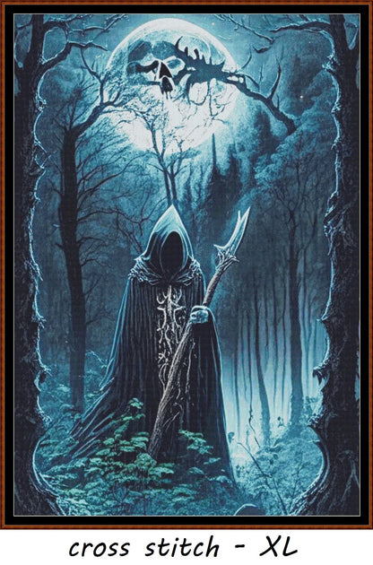 Expertly created from art by Marcia Figg, under Public Domain CC0 license, Forest Moon - Blue  patterns. Forest Moon - Blue is a dark fantasy cross stitch pattern that comes as a full coverage pattern with no back-stitching. Additionally, Forest Moon - Blue is available in 2 different design sizes - cross stitch regular & XL And each sale includes both B&W and colour charts