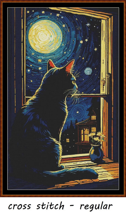 Expertly created from art by Busra Akpolat, under Public Domain CC0 license, Starry Night Kitty patterns. Starry Night Kitty is a beautiful cat cross stitch pattern that comes as a full coverage pattern with no back-stitching. Additionally, Starry Night Kitty is available in 2 different design sizes - cross stitch regular & XL And each sale includes both B&W and colour charts