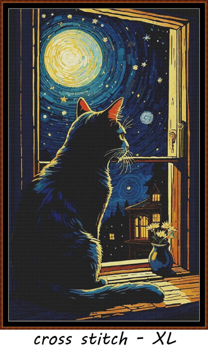 Expertly created from art by Busra Akpolat, under Public Domain CC0 license, Starry Night Kitty patterns. Starry Night Kitty is a beautiful cat cross stitch pattern that comes as a full coverage pattern with no back-stitching. Additionally, Starry Night Kitty is available in 2 different design sizes - cross stitch regular & XL And each sale includes both B&W and colour charts
