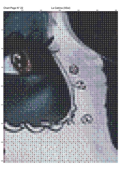 Expertly created from art by Boris Rager, under Public Domain CC0 license, La Catrina patterns. La Catrina is a beautiful sugar skull cross stitch pattern that comes as a full coverage pattern with no back-stitching. Additionally,La Catrina is available in 2 different design sizes - cross stitch regular & XL And each sale includes both B&W and colour charts