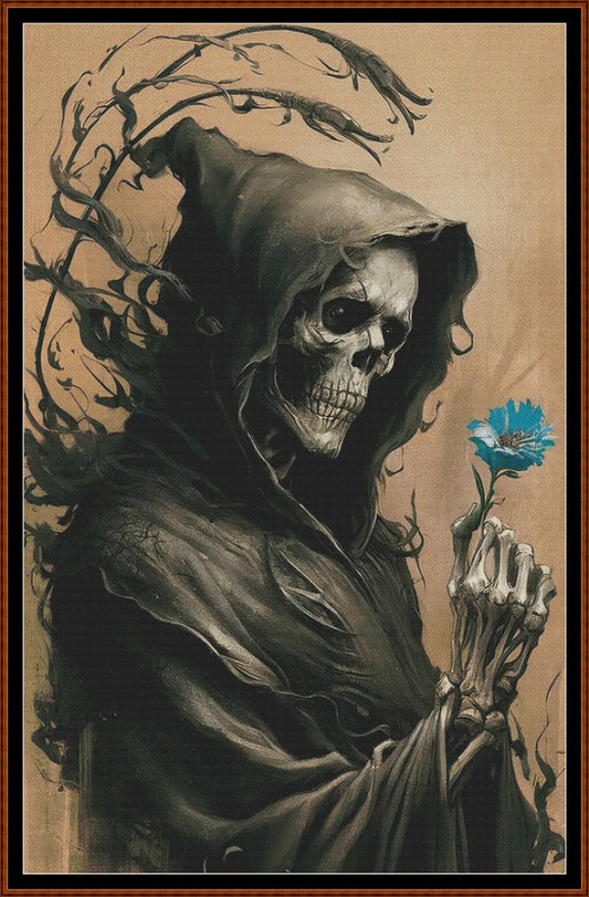 Expertly created from art by Boris Rager, under Public Domain CC0 license, Last Flower patterns. Last Flower is a fantastic grim reaper cross stitch pattern that comes as a full coverage pattern with no back-stitching. Additionally, Last Flower is available in 2 different design sizes - cross stitch regular & XL And each sale includes both B&W and colour charts