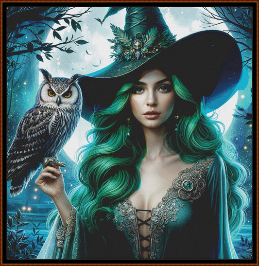 Emerald Witch cross stitch pattern conceived and expertly created by Sam. Inspired by art created by Traumer4168 covered under the Public Domain CC0 license.