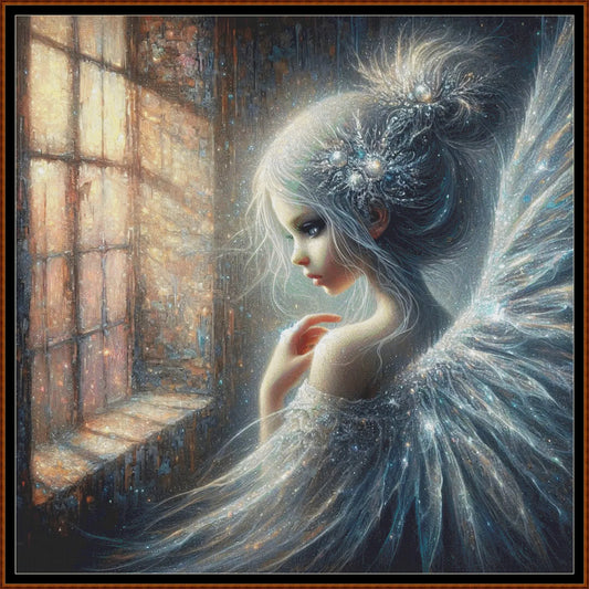Silver Fairy cross stitch pattern conceived and expertly created by Sam. Inspired by art created by Barbara (BarBus) covered under the Public Domain CC0 license.