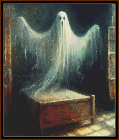 Ghost cross stitch pattern conceived and expertly created by Sam.  Inspired by art created by Barbara (BarBus) covered under the Public Domain CC0 license.   Ghost is a scarey cross stitch pattern that comes as a full coverage pattern with no back-stitching. Additionally, Ghost is available in 2 different design sizes - cross stitch regular & XL And each sale includes both B&W and colour charts