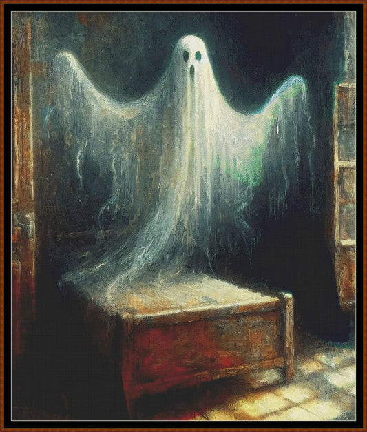 Ghost cross stitch pattern conceived and expertly created by Sam.  Inspired by art created by Barbara (BarBus) covered under the Public Domain CC0 license.   Ghost is a scarey cross stitch pattern that comes as a full coverage pattern with no back-stitching. Additionally, Ghost is available in 2 different design sizes - cross stitch regular & XL And each sale includes both B&W and colour charts