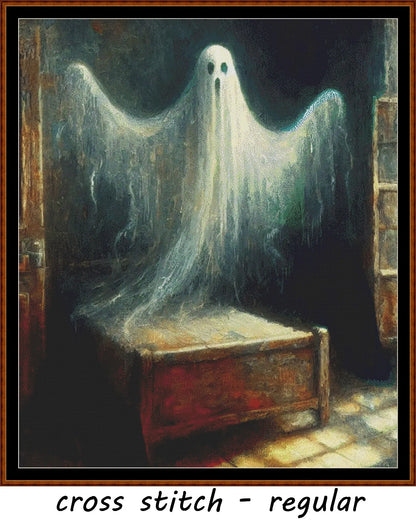 Ghost cross stitch pattern conceived and expertly created by Sam.  Inspired by art created by Barbara (BarBus) covered under the Public Domain CC0 license.   Ghost is a scarey cross stitch pattern that comes as a full coverage pattern with no back-stitching. Additionally, Ghost is available in 2 different design sizes - cross stitch regular & XL And each sale includes both B&W and colour charts