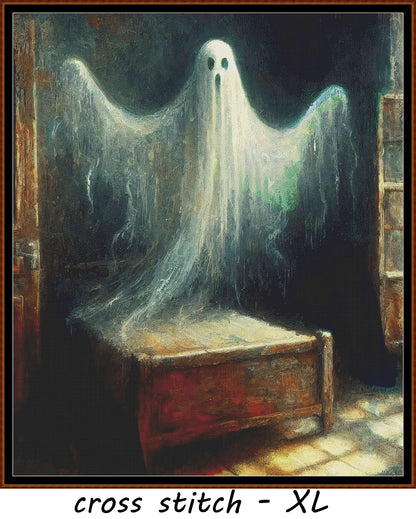 Ghost cross stitch pattern conceived and expertly created by Sam.  Inspired by art created by Barbara (BarBus) covered under the Public Domain CC0 license.   Ghost is a scarey cross stitch pattern that comes as a full coverage pattern with no back-stitching. Additionally, Ghost is available in 2 different design sizes - cross stitch regular & XL And each sale includes both B&W and colour charts