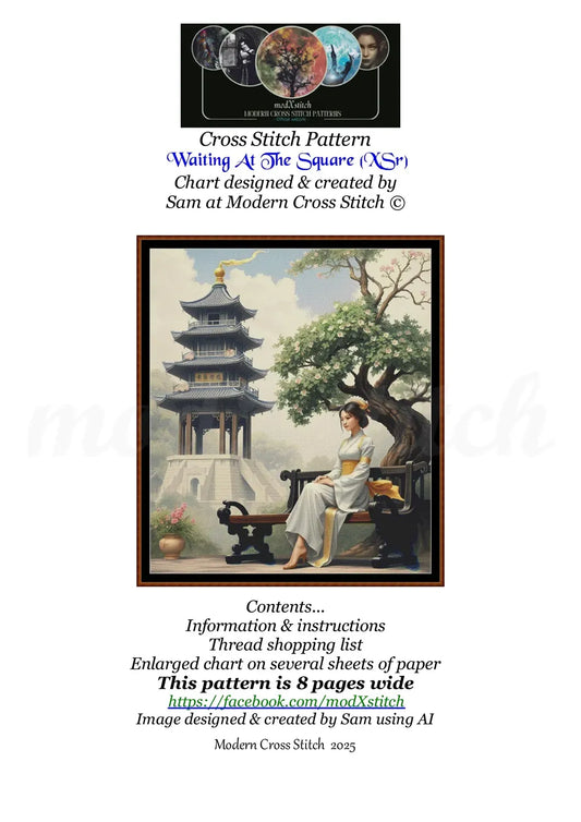 Waiting At The Square Oriental cross stitch pattern A unique and exclusive design to modXstitch, conceived and expertly created with the help of AI, by Sam. Waiting At The Square is an Oriental-style cross stitch pattern that comes as a full coverage pattern with absolutely no back-stitching or pesky half-stitches. Also, Waiting At The Square is available in 2 different design sizes - cross stitch regular & XL And each sale includes both B&W and colour charts