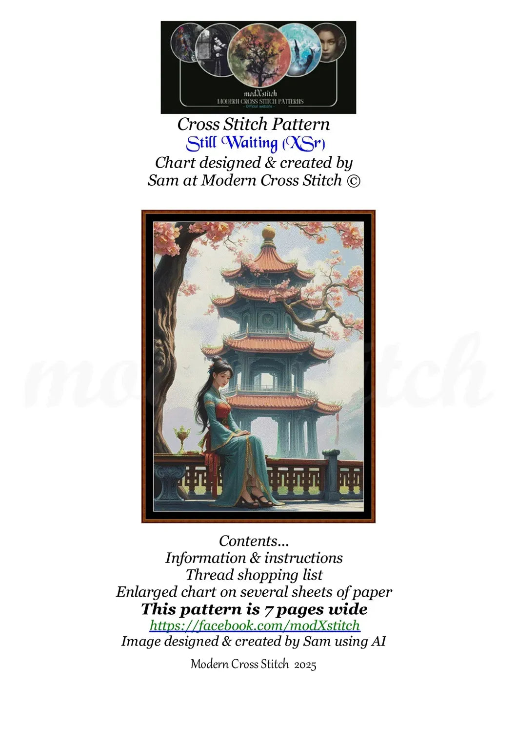 Still Waiting Oriental cross stitch pattern A unique and exclusive design to modXstitch, conceived and expertly created with the help of AI, by Sam. Still Waiting is an Oriental-style cross stitch pattern that comes as a full coverage pattern with absolutely no back-stitching or pesky half-stitches. Also, Still Waiting is available in 2 different design sizes - cross stitch regular & XL And each sale includes both B&W and colour charts