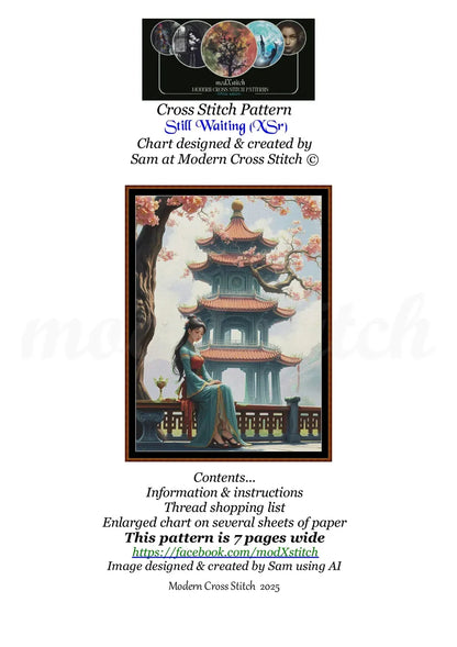 Still Waiting Oriental cross stitch pattern A unique and exclusive design to modXstitch, conceived and expertly created with the help of AI, by Sam. Still Waiting is an Oriental-style cross stitch pattern that comes as a full coverage pattern with absolutely no back-stitching or pesky half-stitches. Also, Still Waiting is available in 2 different design sizes - cross stitch regular & XL And each sale includes both B&W and colour charts