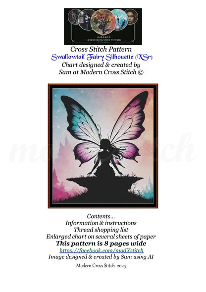 Swallowtail Fairy Silhouette cross stitch pattern A unique and exclusive design to modXstitch, conceived and expertly created with the help of AI, by Sam. Swallowtail Fairy Silhouette is a fantasy style cross stitch pattern that comes as a full coverage pattern with absolutely no back-stitching or pesky half-stitches. Also, Swallowtail Fairy Silhouette is available in 2 different design sizes - cross stitch regular & XL And each sale includes both B&W and colour charts