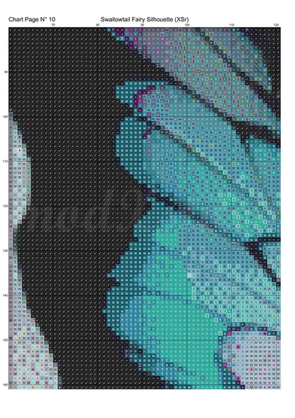 Swallowtail Fairy Silhouette cross stitch pattern A unique and exclusive design to modXstitch, conceived and expertly created with the help of AI, by Sam. Swallowtail Fairy Silhouette is a fantasy style cross stitch pattern that comes as a full coverage pattern with absolutely no back-stitching or pesky half-stitches. Also, Swallowtail Fairy Silhouette is available in 2 different design sizes - cross stitch regular & XL And each sale includes both B&W and colour charts