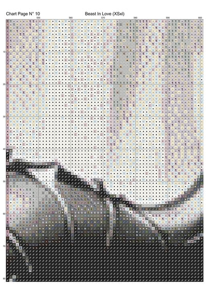 Beast In Love cross stitch pattern A unique and exclusive design to modXstitch, conceived and expertly created with the help of AI, by Sam. Beast In Love is a fantasy style cross stitch pattern that comes as a full coverage pattern with absolutely no back-stitching or pesky half-stitches. Also, Beast In Love is available in 2 different design sizes - cross stitch regular & XL And each sale includes both B&W and colour charts