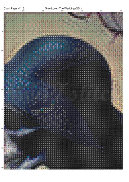 Grim Love - The Wedding cross stitch pattern A unique and exclusive design to modXstitch, conceived and expertly created with the help of AI, by Sam. Grim Love - The Wedding is a dark fantasy style cross stitch pattern that comes as a full coverage pattern with absolutely no back-stitching or pesky half-stitches. Also, Grim Love - The Wedding is available in 2 different design sizes - cross stitch regular & XL And each sale includes both B&W and colour charts