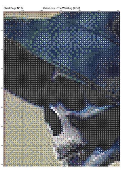 Grim Love - The Wedding cross stitch pattern A unique and exclusive design to modXstitch, conceived and expertly created with the help of AI, by Sam. Grim Love - The Wedding is a dark fantasy style cross stitch pattern that comes as a full coverage pattern with absolutely no back-stitching or pesky half-stitches. Also, Grim Love - The Wedding is available in 2 different design sizes - cross stitch regular & XL And each sale includes both B&W and colour charts