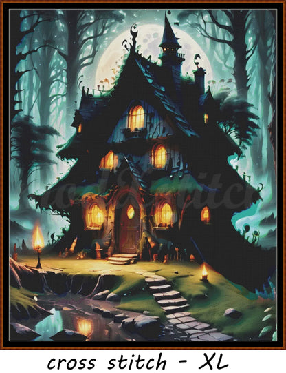 Witch's Cottage cross stitch pattern A unique and exclusive design to modXstitch, conceived and expertly created with the help of AI, by Sam.
