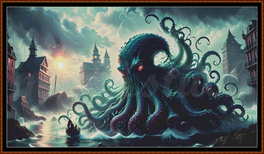 Kraken Attack cross stitch pattern A unique and exclusive design to modXstitch, conceived and expertly created with the help of AI, by Sam. Kraken Attack is a sea monster cross stitch pattern that comes as a full coverage pattern with absolutely no back-stitching or pesky half-stitches. Also,Kraken Attack is available in 2 different design sizes - cross stitch regular & XL And each sale includes both B&W and colour charts