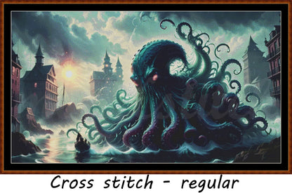 Kraken Attack cross stitch pattern A unique and exclusive design to modXstitch, conceived and expertly created with the help of AI, by Sam. Kraken Attack is a sea monster cross stitch pattern that comes as a full coverage pattern with absolutely no back-stitching or pesky half-stitches. Also,Kraken Attack is available in 2 different design sizes - cross stitch regular & XL And each sale includes both B&W and colour charts