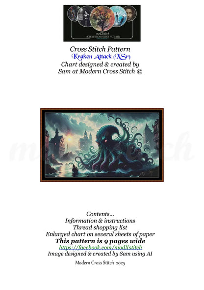 Kraken Attack cross stitch pattern A unique and exclusive design to modXstitch, conceived and expertly created with the help of AI, by Sam. Kraken Attack is a sea monster cross stitch pattern that comes as a full coverage pattern with absolutely no back-stitching or pesky half-stitches. Also,Kraken Attack is available in 2 different design sizes - cross stitch regular & XL And each sale includes both B&W and colour charts