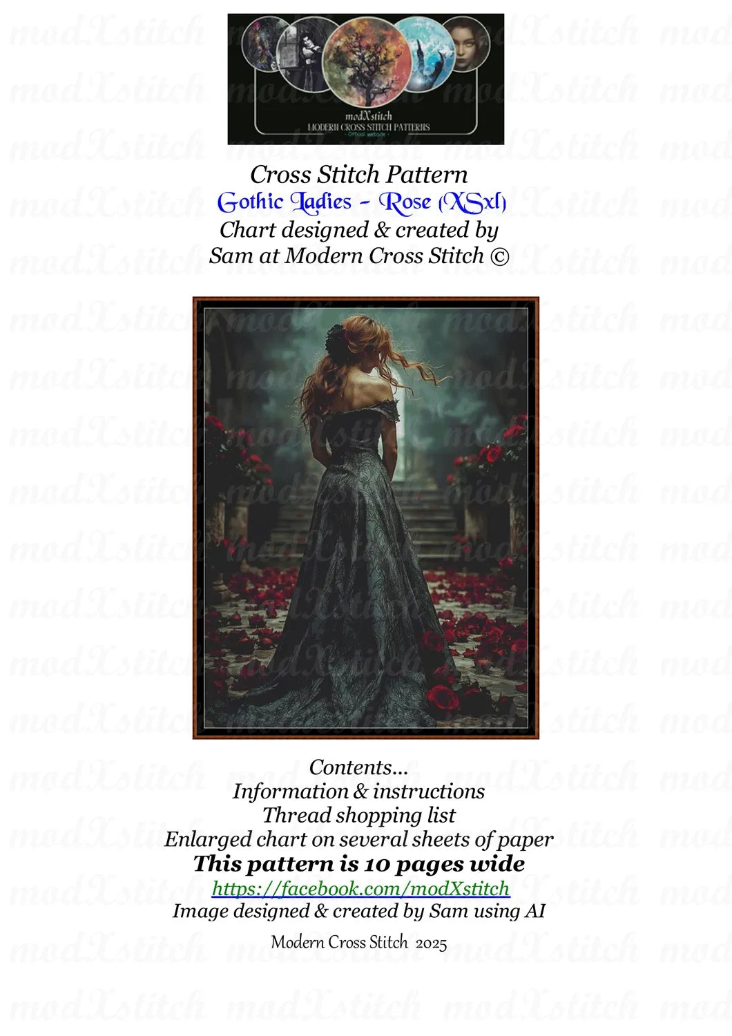 Gothic Ladies - Rose cross stitch pattern A unique and exclusive design to modXstitch, conceived and expertly created with the help of AI, by Sam.