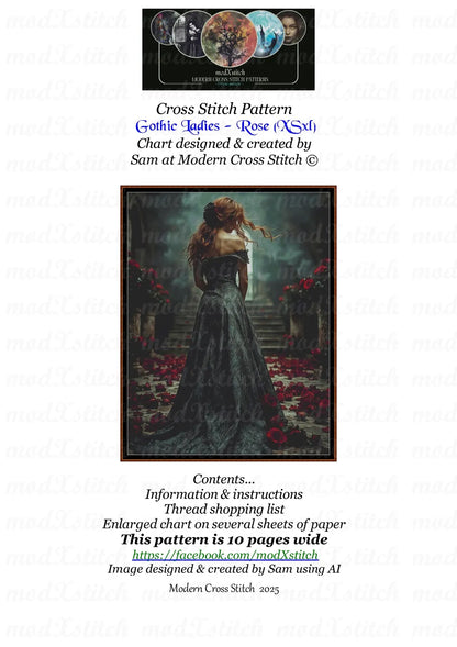Gothic Ladies - Rose cross stitch pattern A unique and exclusive design to modXstitch, conceived and expertly created with the help of AI, by Sam.