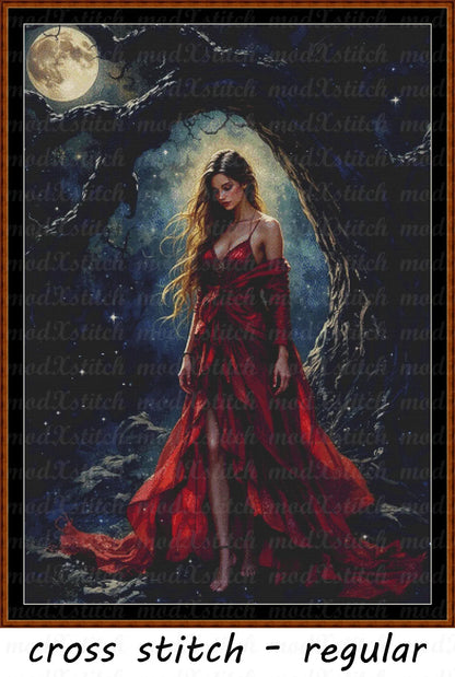 Lady In Red cross stitch pattern A unique and exclusive design to modXstitch, conceived and expertly created with the help of AI, by Sam. Lady In Red is a fantasy cross stitch pattern that comes as a full coverage pattern with absolutely no back-stitching or pesky half-stitches.