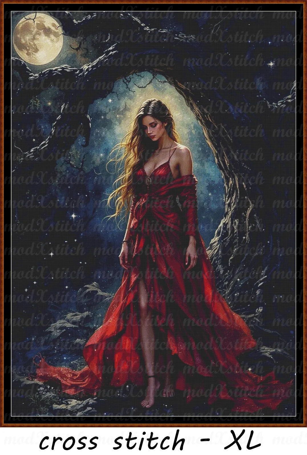 Lady In Red cross stitch pattern A unique and exclusive design to modXstitch, conceived and expertly created with the help of AI, by Sam. Lady In Red is a fantasy cross stitch pattern that comes as a full coverage pattern with absolutely no back-stitching or pesky half-stitches.