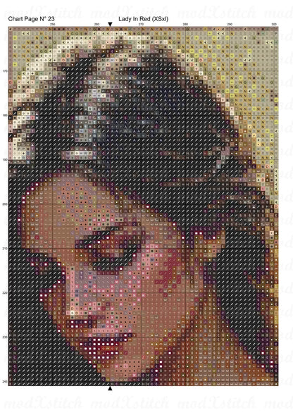 Lady In Red cross stitch pattern A unique and exclusive design to modXstitch, conceived and expertly created with the help of AI, by Sam. Lady In Red is a fantasy cross stitch pattern that comes as a full coverage pattern with absolutely no back-stitching or pesky half-stitches.