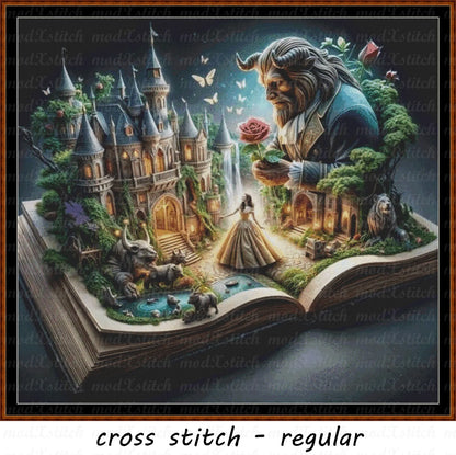 Fairytale Book cross stitch pattern A unique design to modXstitch, expertly created by Sam. Fairytale Book is a beauty and the beast cross stitch pattern that comes as a full coverage pattern with absolutely no back-stitching or pesky half-stitches.